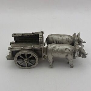 Fort Pewter Miniature Oxen and Cart Figurine Vintage Rustic Farm Decor